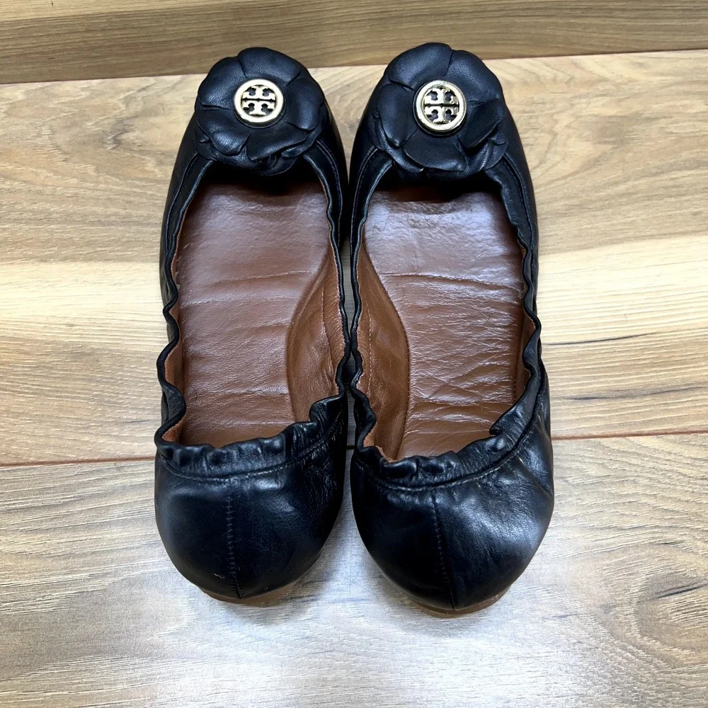 Tory Burch Women Flats 6 M Shelby Black Flower Applique Stretch Ballet
